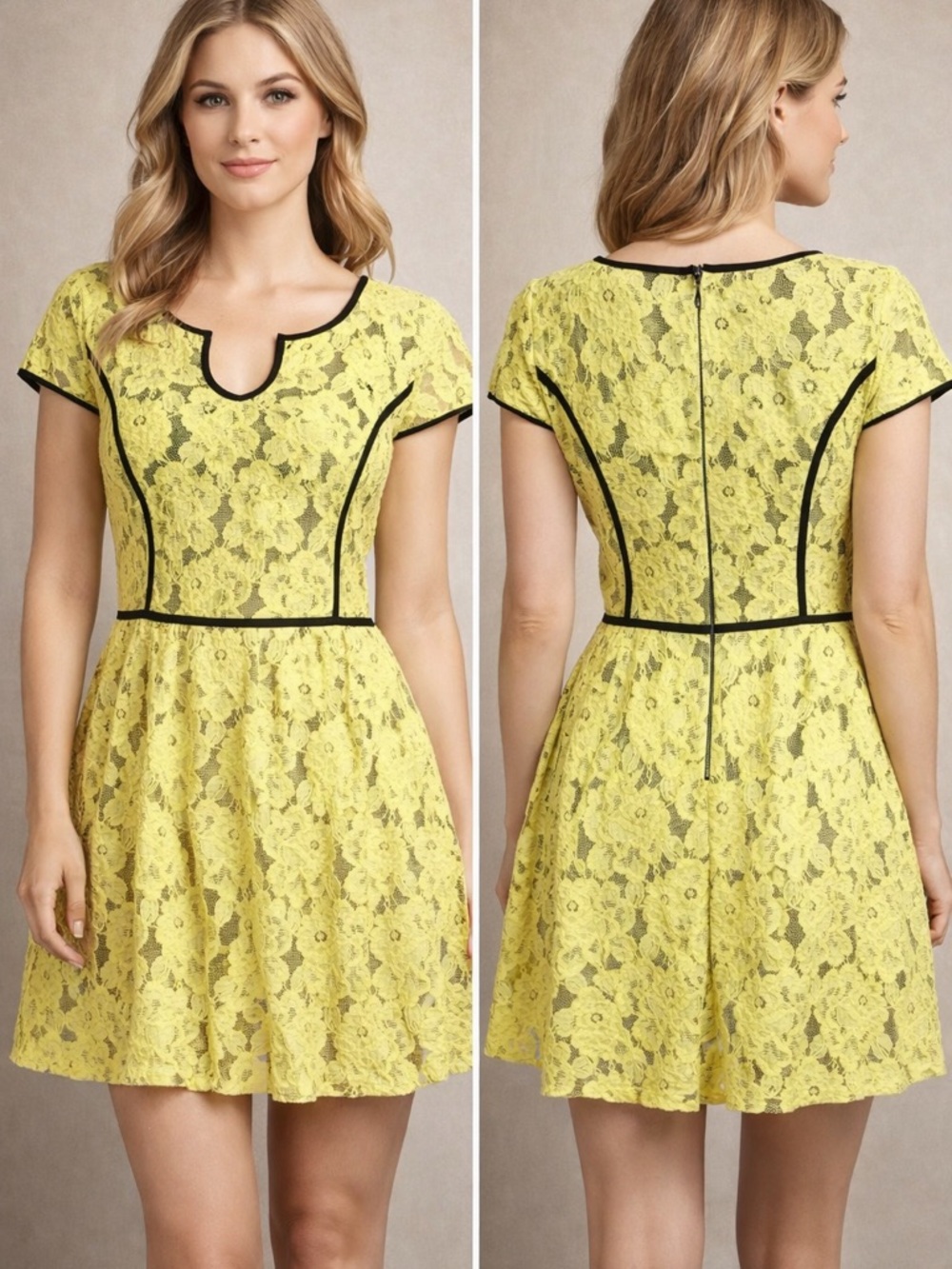 Kenzie Lace Fit & Flare Mini Dress
Size 0 Yellow Black Trim